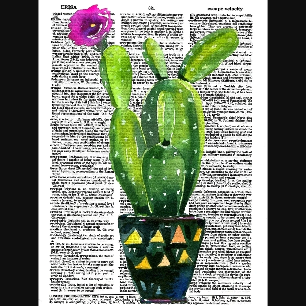 Blooming Cactus Vintage Dictionary Art Print